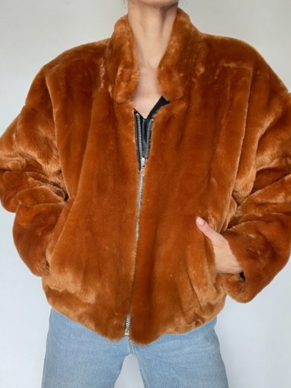 Free People Faux Fur Zip-Up Bomber Jacket (Rust / Cognac / Burnt Orange)